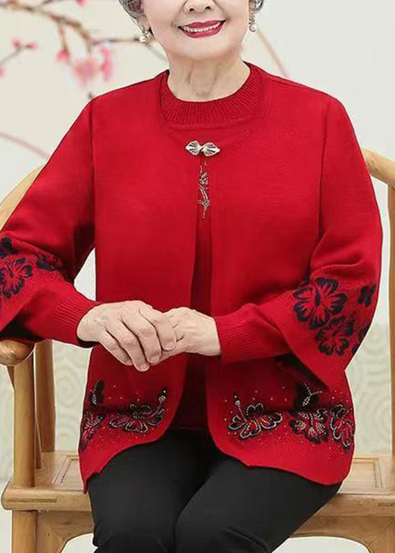 Conjunto de dos piezas de abrigo y suéter de punto de algodón con cuello redondo y circonitas rojas para primavera