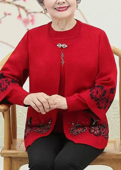 Conjunto de dos piezas de abrigo y suéter de punto de algodón con cuello redondo y circonitas rojas para primavera