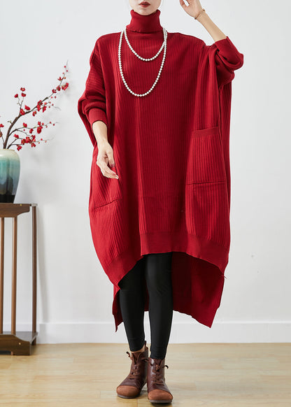 Blaues Oversize-Strickpulloverkleid mit Rollkragen und asymmetrischen Fledermausärmeln