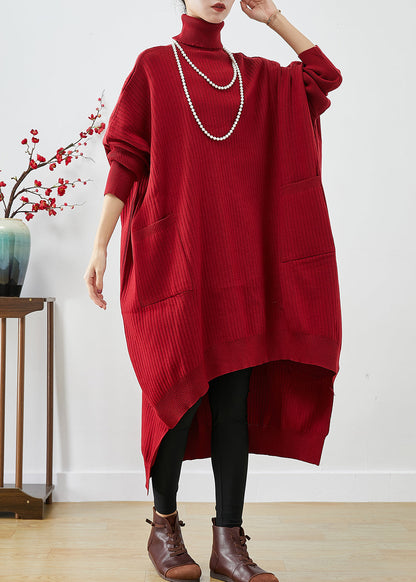 Blaues Oversize-Strickpulloverkleid mit Rollkragen und asymmetrischen Fledermausärmeln
