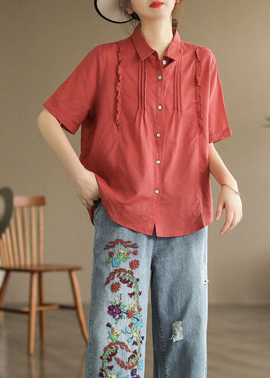 Tops de algodón con patchwork rojo, cuello Peter Pan, botones con volantes y manga corta