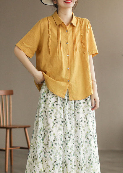 Tops de algodón con patchwork rojo, cuello Peter Pan, botones con volantes y manga corta