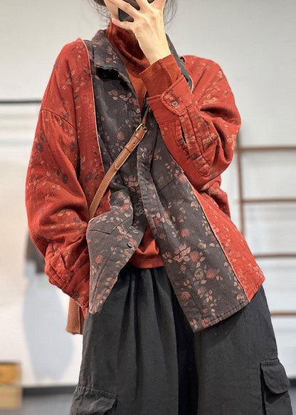 Rot Patchwork Feine Baumwolle Gefüllte Tops Peter Pan Kragen Druck Winter