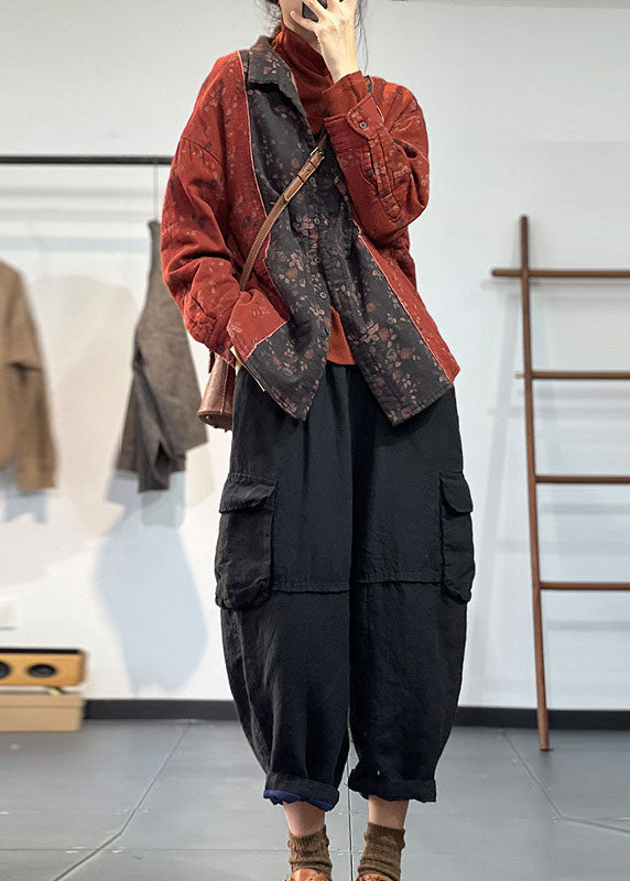 Rot Patchwork Feine Baumwolle Gefüllte Tops Peter Pan Kragen Druck Winter