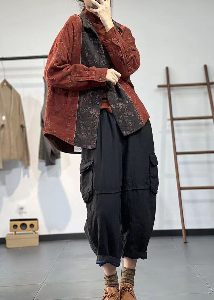 Rot Patchwork Feine Baumwolle Gefüllte Tops Peter Pan Kragen Druck Winter