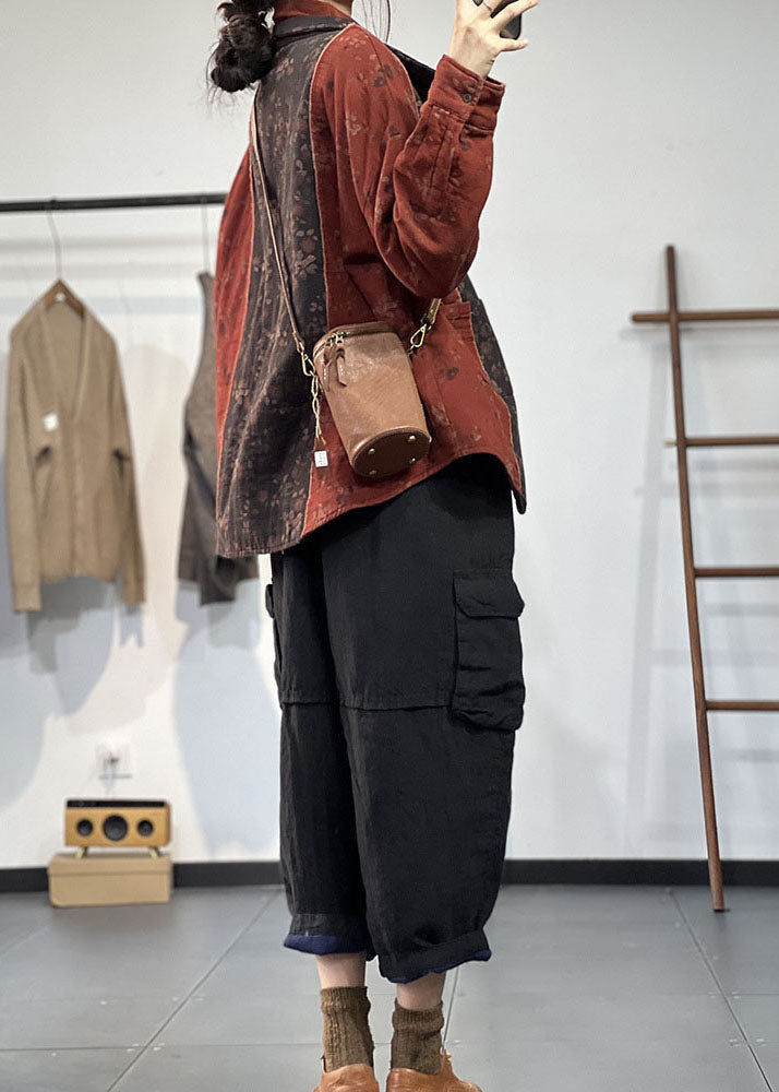 Rot Patchwork Feine Baumwolle Gefüllte Tops Peter Pan Kragen Druck Winter