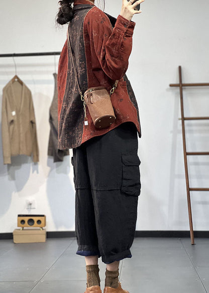 Rot Patchwork Feine Baumwolle Gefüllte Tops Peter Pan Kragen Druck Winter