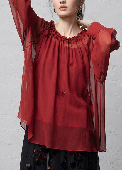 Red Patchwork Handmade Silk Shirt Tops Ruffled Fall