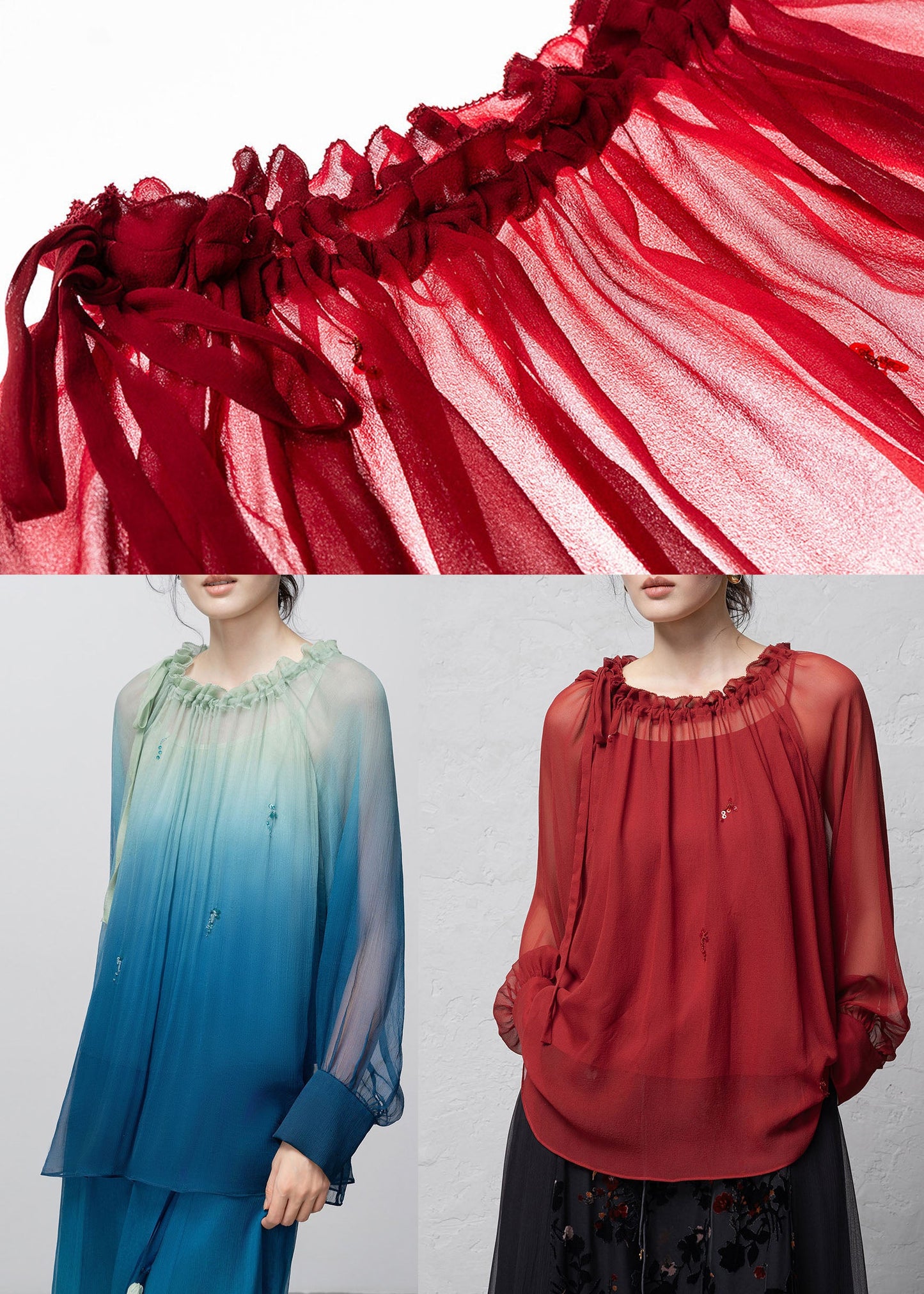Red Patchwork Handmade Silk Shirt Tops Ruffled Fall