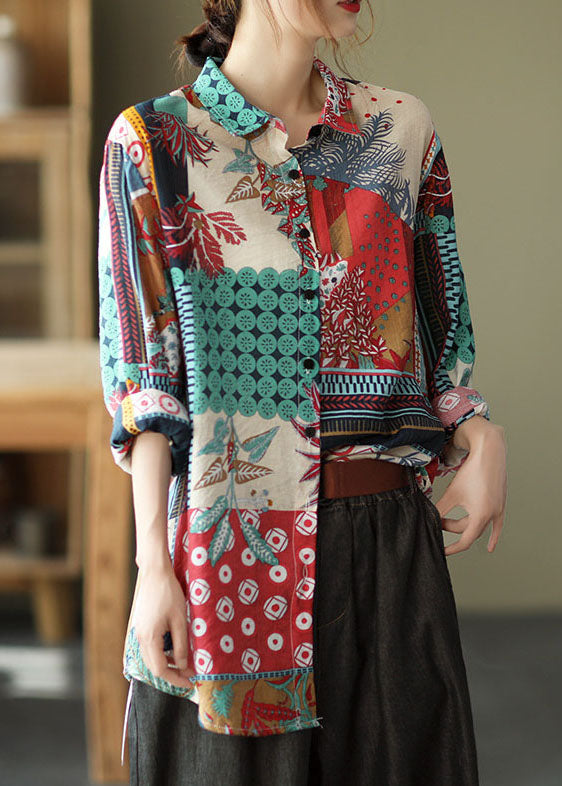 Rote Patchwork Leinenhemden Peter Pan Kragen Knopf Langarm