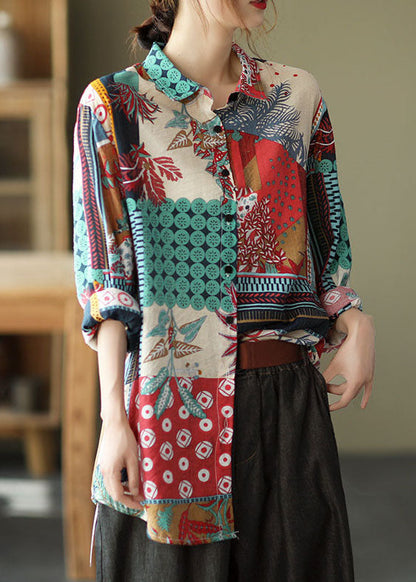 Rote Patchwork Leinenhemden Peter Pan Kragen Knopf Langarm