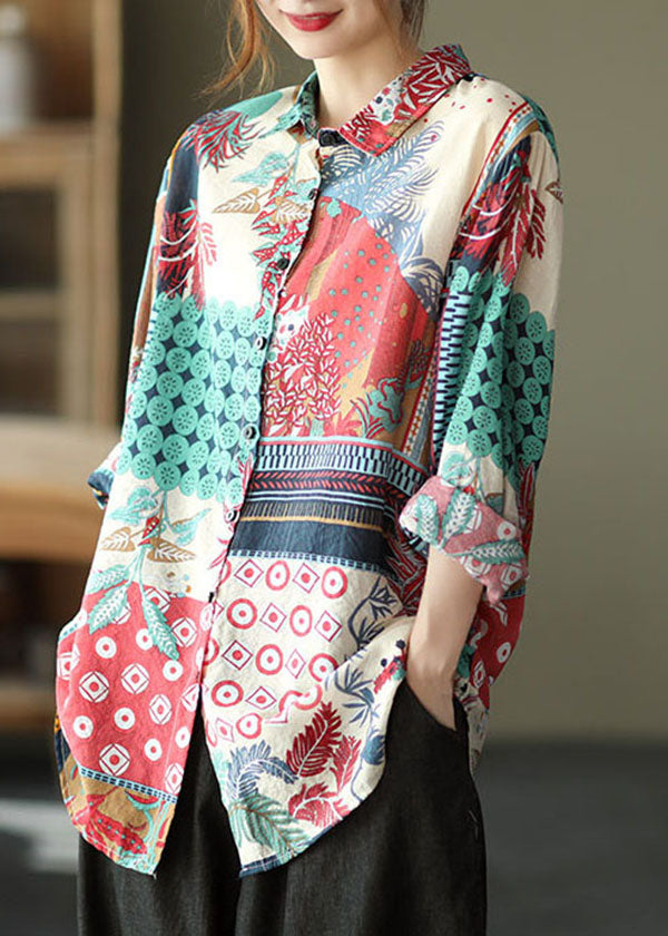 Rote Patchwork Leinenhemden Peter Pan Kragen Knopf Langarm