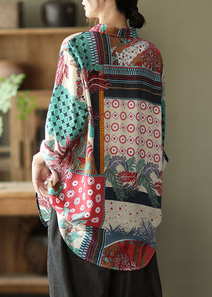 Rote Patchwork Leinenhemden Peter Pan Kragen Knopf Langarm