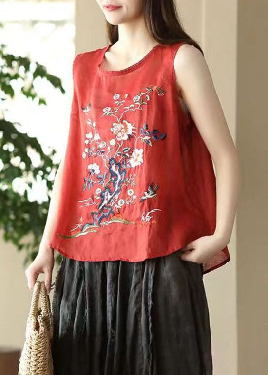 Tops de lino con patchwork rojo bordados, cuello redondo y sin mangas