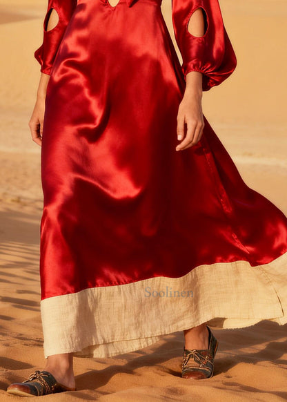 Red Patchwork Silk Holiday Dress Oversized Hollow Out Summer