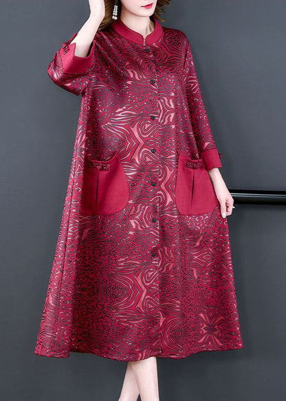 Roter Patchwork-Seiden-Trenchcoat mit Stehkragen und Armbandärmeln