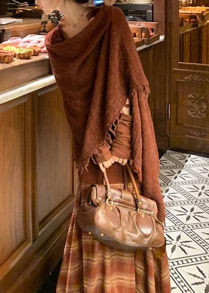 Red Patchwork Top, Maxi Skirts And Scarf Three Pieces Set Fall