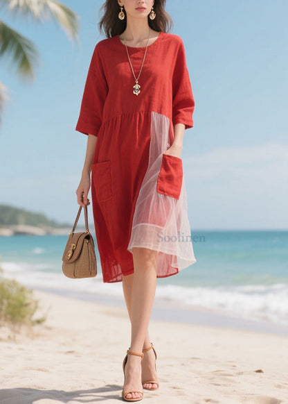 Red Patchwork Tulle Robe Dresses Asymmetrical Half Sleeve