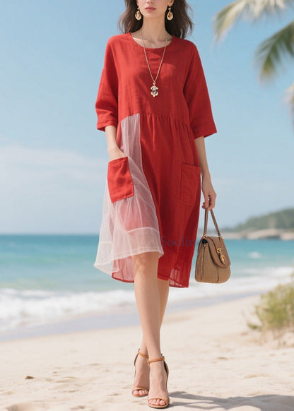 Red Patchwork Tulle Robe Dresses Asymmetrical Half Sleeve