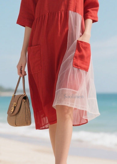 Red Patchwork Tulle Robe Dresses Asymmetrical Half Sleeve
