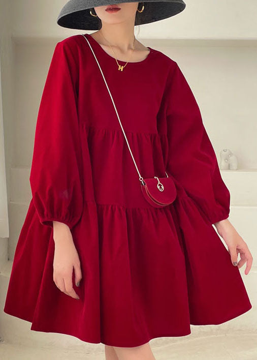 Red Patchwork Velour Mini Dress Puff Sleeve Spring