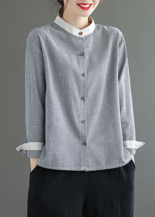 Rote karierte Patchwork-Bluse aus Baumwolle mit Knopfleiste und langen Ärmeln