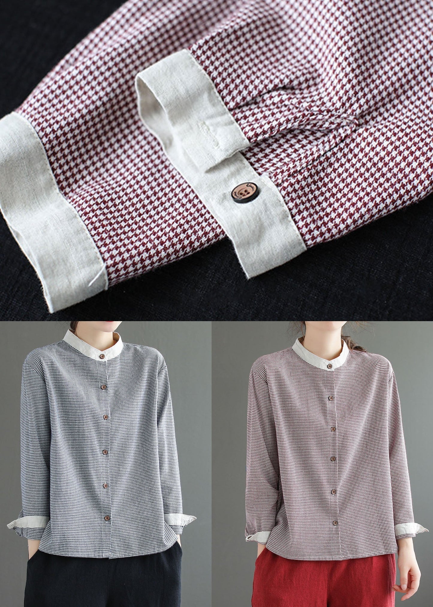 Rote karierte Patchwork-Bluse aus Baumwolle mit Knopfleiste und langen Ärmeln