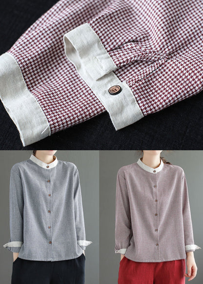 Rote karierte Patchwork-Bluse aus Baumwolle mit Knopfleiste und langen Ärmeln