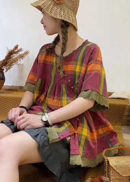 Rotes kariertes Patchwork-Baumwoll-Top mit kurzen Ärmeln