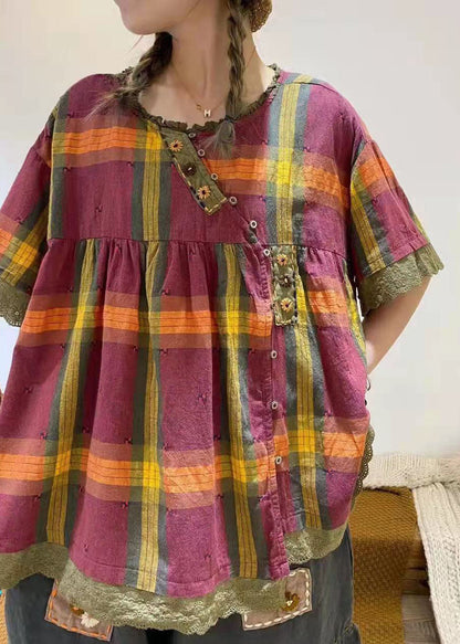 Rotes kariertes Patchwork-Baumwoll-Top mit kurzen Ärmeln