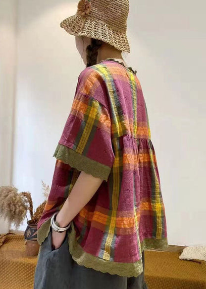 Rotes kariertes Patchwork-Baumwoll-Top mit kurzen Ärmeln