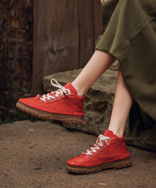 Red Platform Shoes Cowhide Leather Stylish Splicing Lace Up