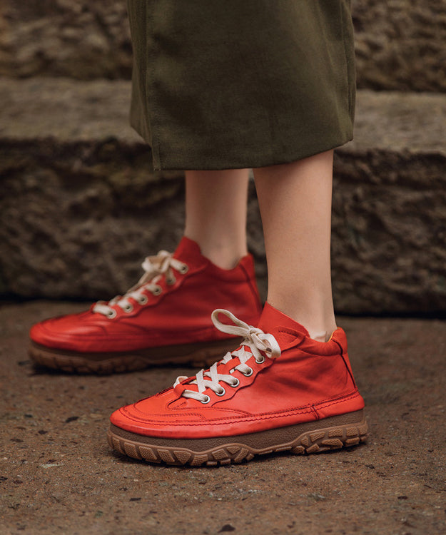 Red Platform Shoes Cowhide Leather Stylish Splicing Lace Up