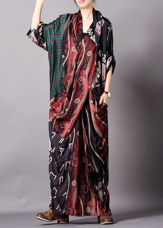 Rotes bedrucktes Knöchelkleid aus Seide, asymmetrisch, Frühling