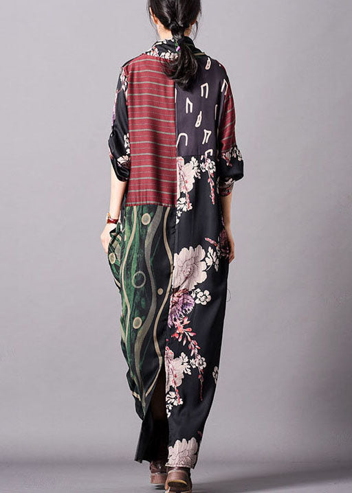 Rotes bedrucktes Knöchelkleid aus Seide, asymmetrisch, Frühling