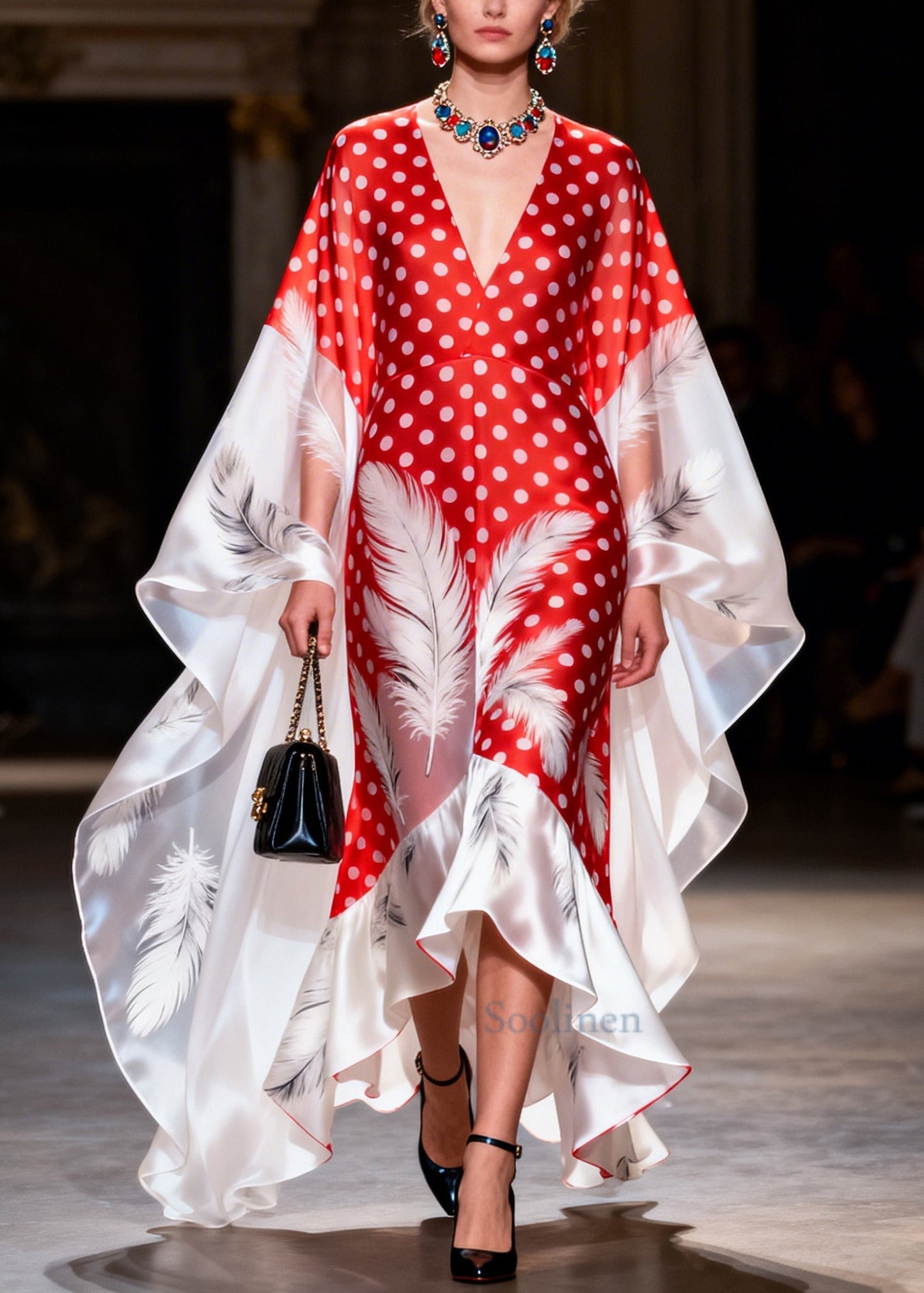 Red Print Silk Vacation Dresses Oversized Asymmetrical Design Summer
