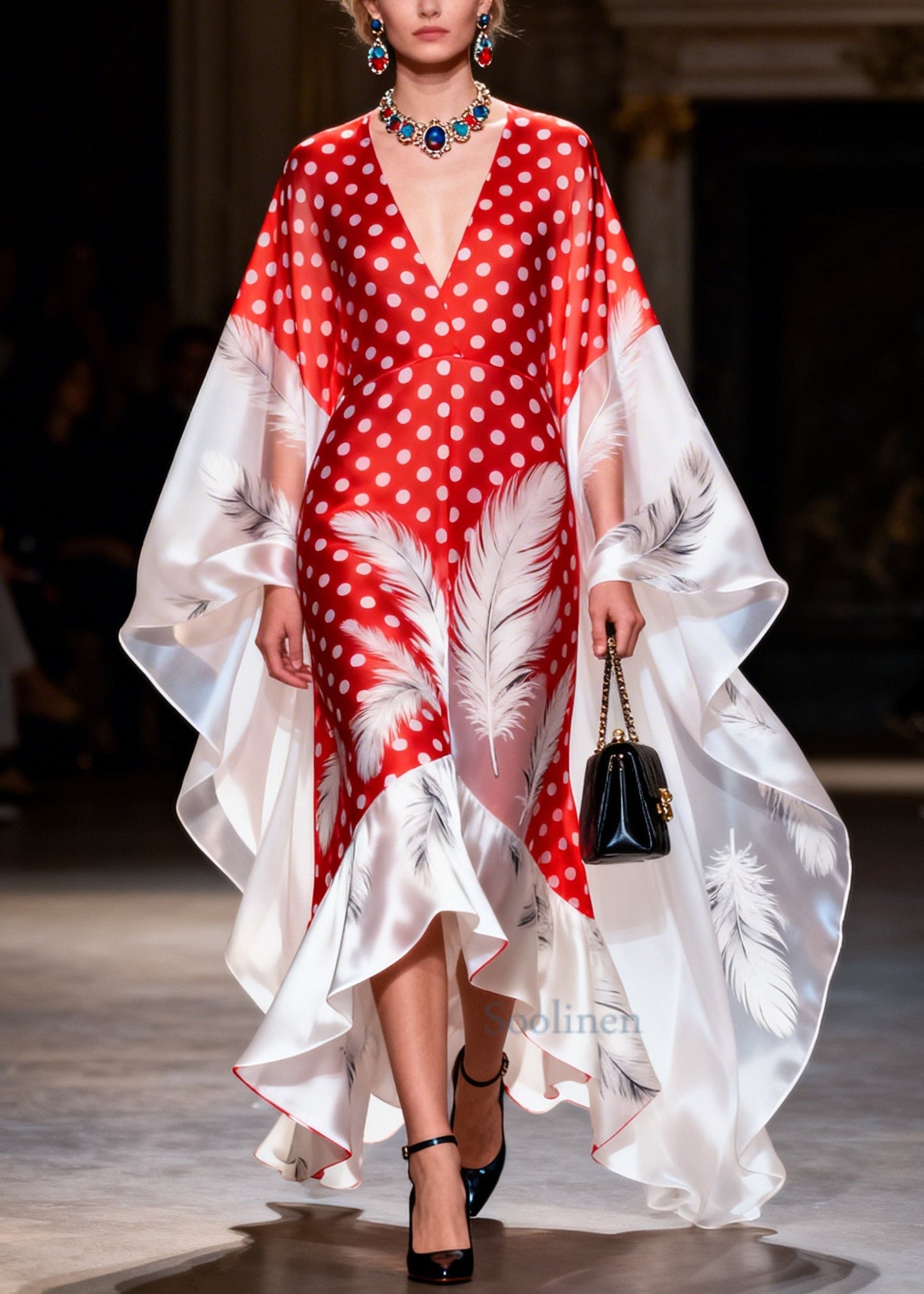 Red Print Silk Vacation Dresses Oversized Asymmetrical Design Summer