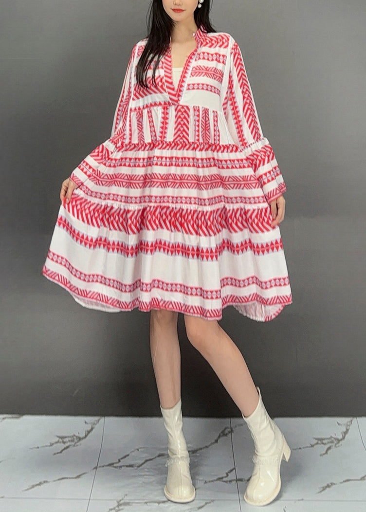 Red Print Wrinkled Patchwork Maxi Dress Fall