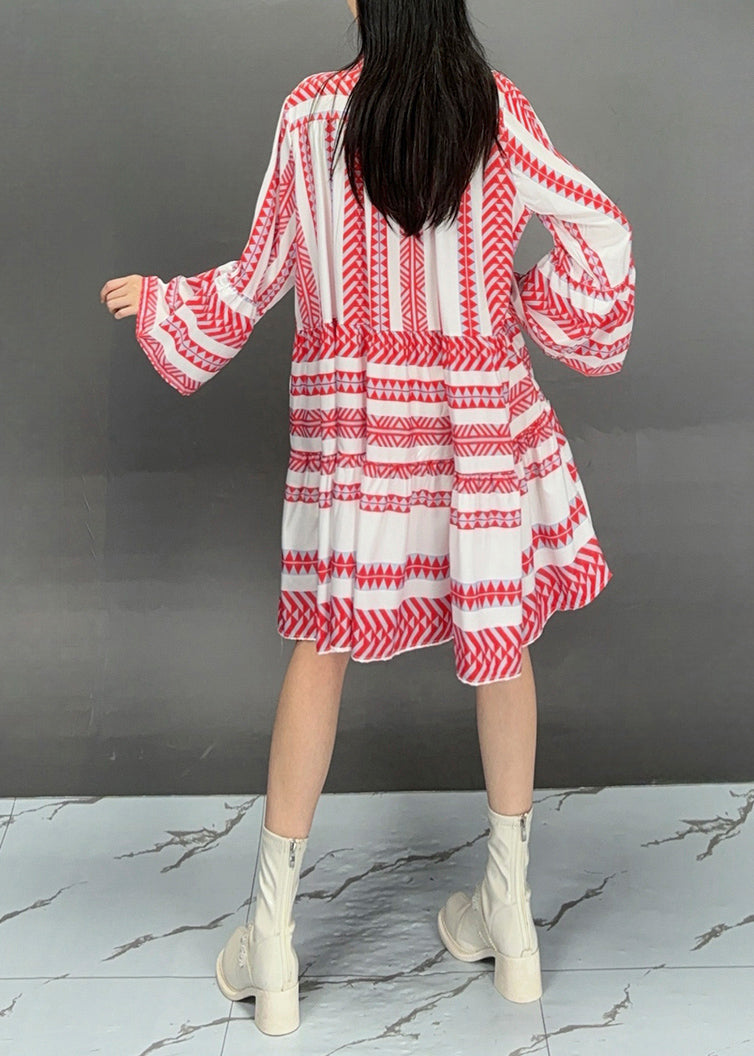 Red Print Wrinkled Patchwork Maxi Dress Fall