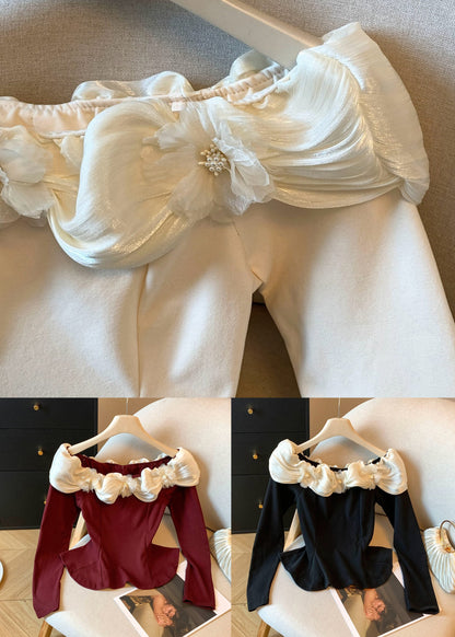 Rotes T-Shirt aus Baumwolle mit Rüschen und Patchwork-Muster, U-Boot-Ausschnitt