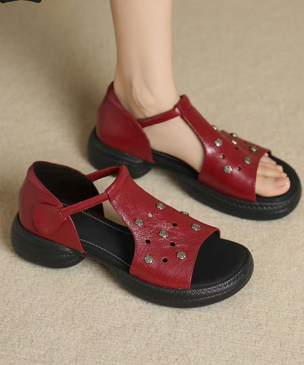 Red Sandals Platform Sheepskin Elegant Hollow Out Sandals