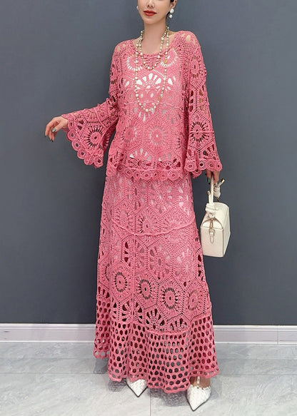 Red Silm Fit Knit Two Pieces Set Hollow Out Flare Sleeve