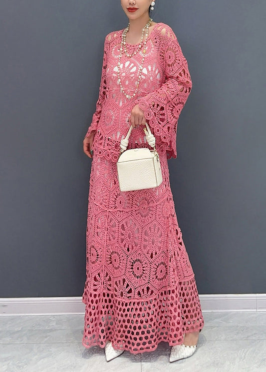 Red Silm Fit Knit Two Pieces Set Hollow Out Flare Sleeve