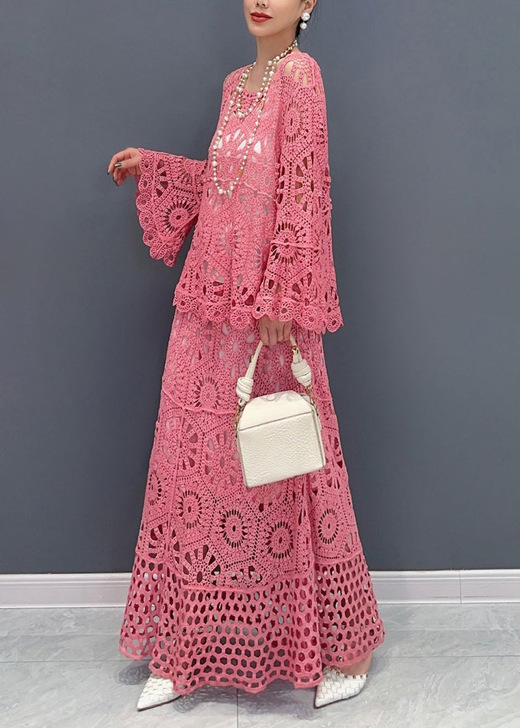 Red Silm Fit Knit Two Pieces Set Hollow Out Flare Sleeve