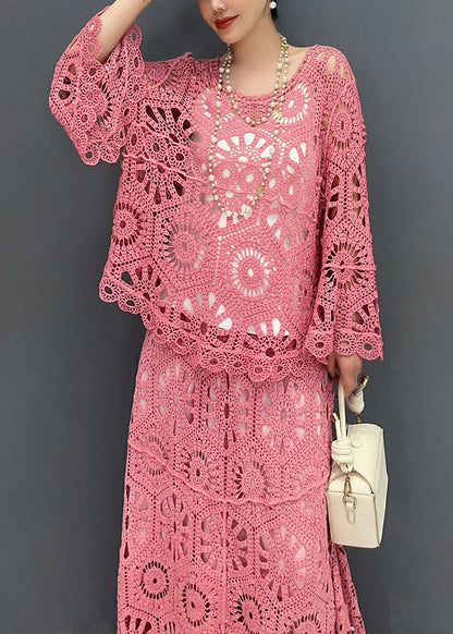 Red Silm Fit Knit Two Pieces Set Hollow Out Flare Sleeve