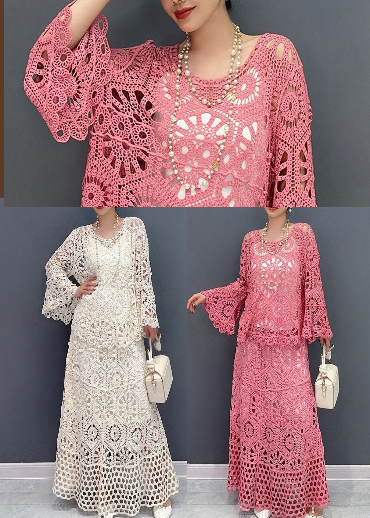 Red Silm Fit Knit Two Pieces Set Hollow Out Flare Sleeve