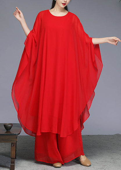 Red Solid Maxi Dress And Wide Leg Pants Two Piece Set Batwin Sleeve