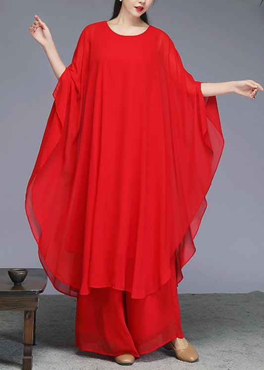 Red Solid Maxi Dress And Wide Leg Pants Two Piece Set Batwin Sleeve