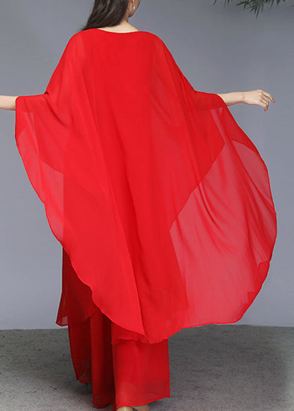 Red Solid Maxi Dress And Wide Leg Pants Two Piece Set Batwin Sleeve