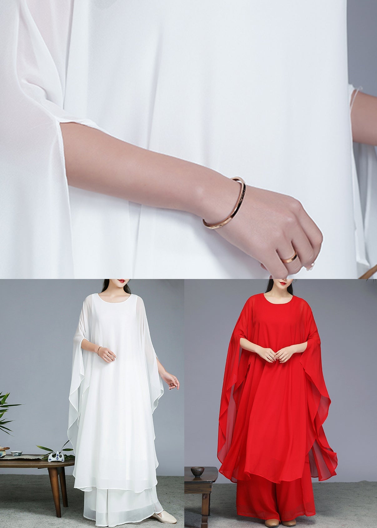 Red Solid Maxi Dress And Wide Leg Pants Two Piece Set Batwin Sleeve